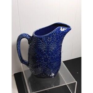 Beaver Farm Pottery Floral Cobalt Blue Water Pitcher  Ice Tea